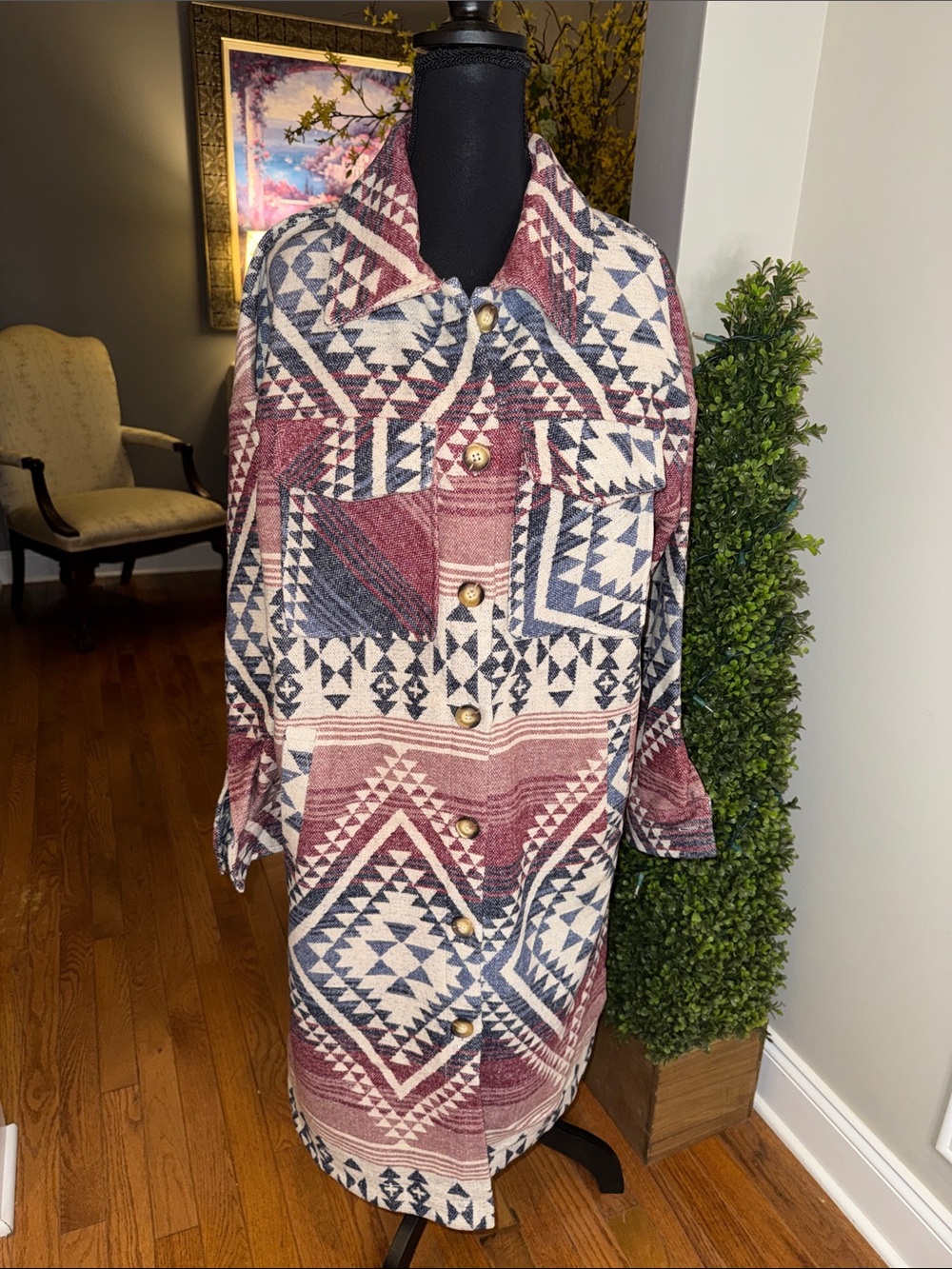 Aztec-Print Maxi Shacket in Burgundy, Navy & Cream NWOT